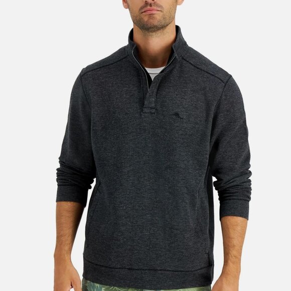 Tommy Bahama Men's | Cotton Quarter Zip Pullover Sweatshirt Black Gray | Medium - Picture 1 of 12